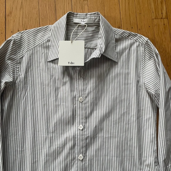 Tibi Classic Menswear Shirting Charlie Slim Men's Shirt, Tan/White multi; XXS - Picture 7 of 8